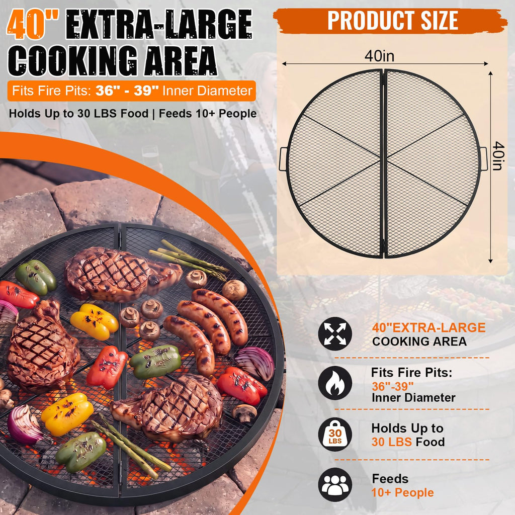 40" Fire Pit Grill Grate, Round, Black