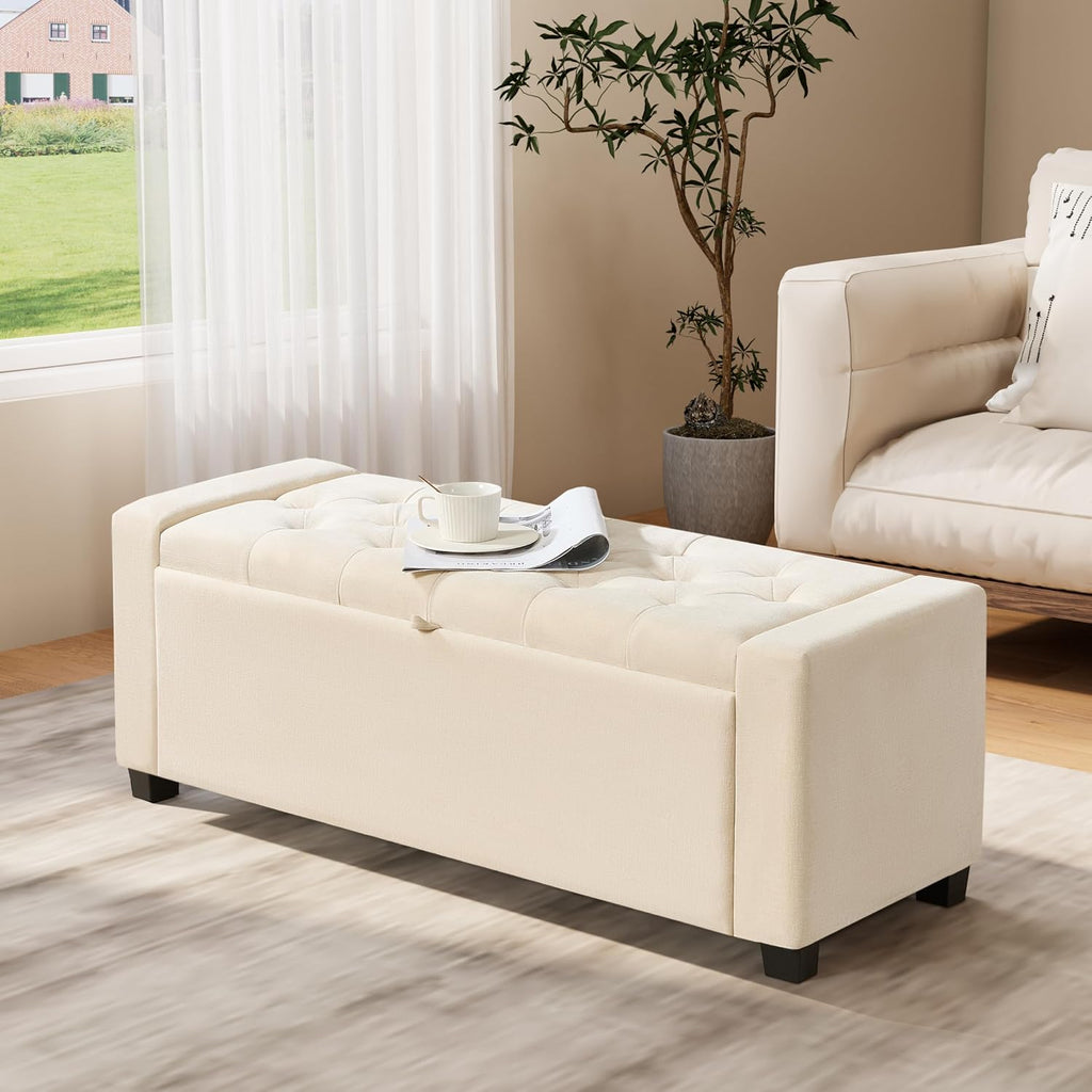 Ottoman with Storage,Tufted Storage Bench with Safety Hinge,Holds up to 350 lb,Upholstered Bench with Seating ,Linen