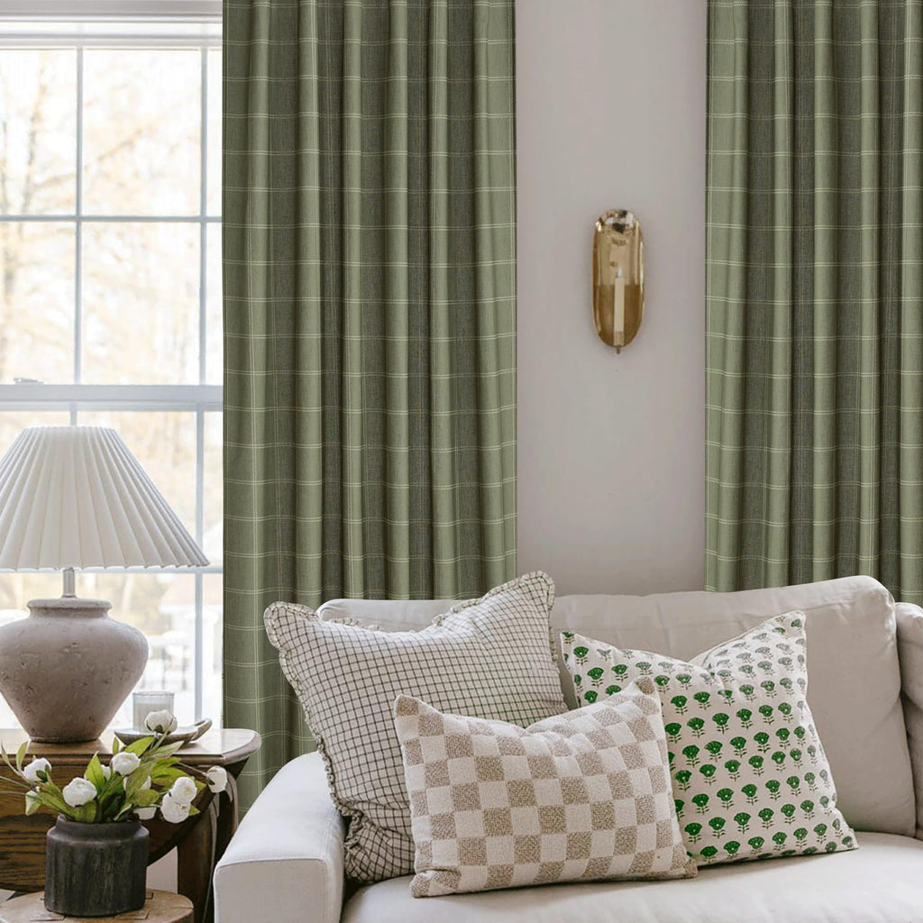 Moss Green Linen Plaid Curtains 96 inches Long