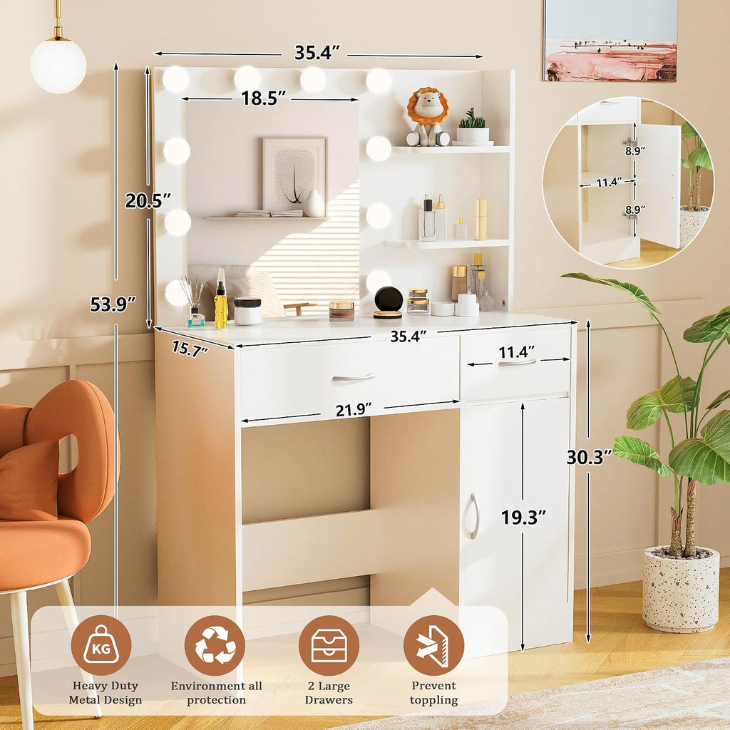 35.4" White Makeup Vanity Desk with 10 Hollywood Light Bulbs | Dimmable Lighting, Large Mirror, Storage Cabinet