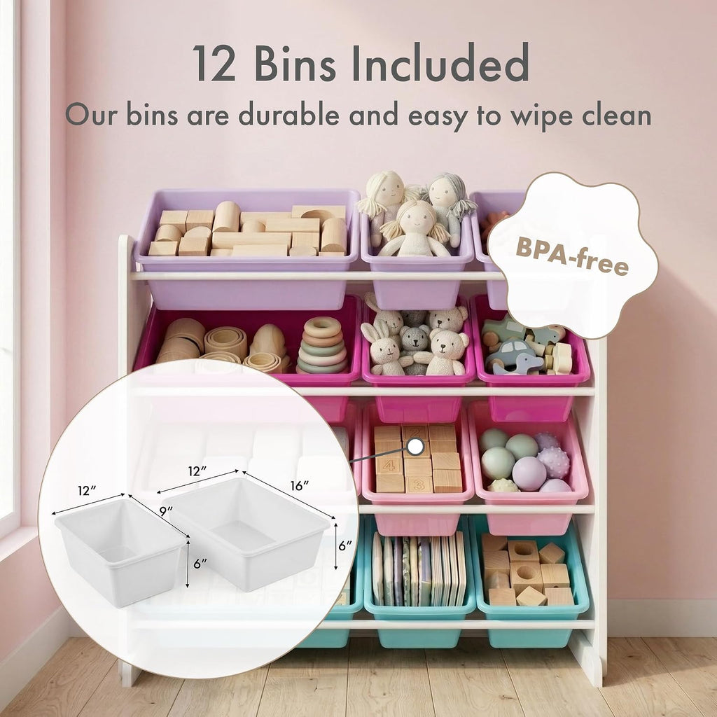 Kids Toy Organizer with 12 Bins, 4 Tier Storage | Sturdy wood and steel toddler shelf, removable BPA-free containers