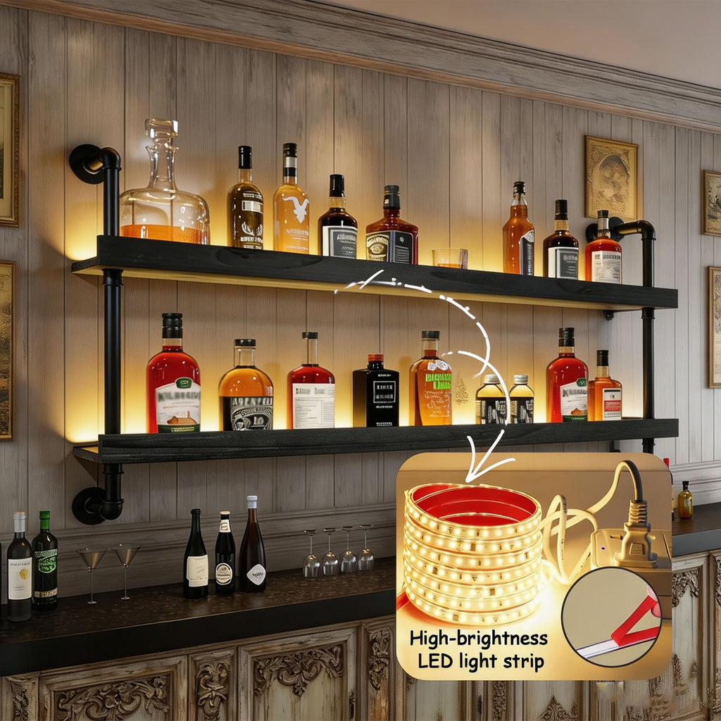 Wall Mounted Wine Rack with LED Light - 2-Tier Solid Wood Industrial Rustic Floating Shelves, Bottle Storage