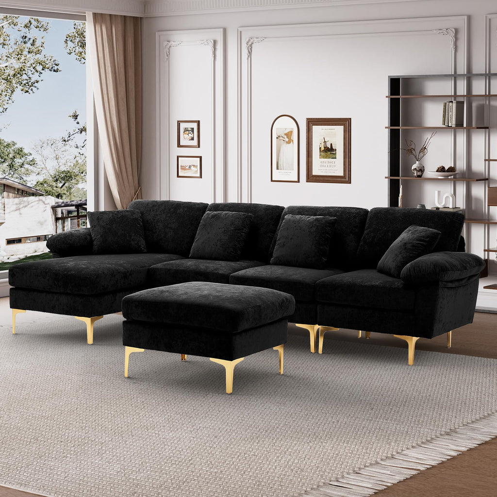 114" U-Shaped Velvet Sectional Couch with Ottoman, Black