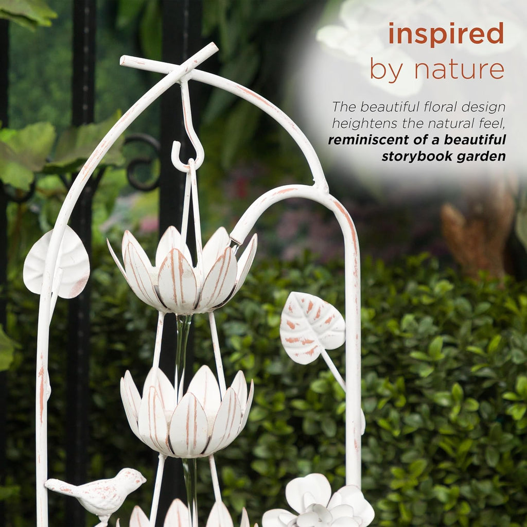 30" Tall Metal Rustic Water Fountain with Decorative Flower, Cascading Waterfall Feature for Gardens, Patios