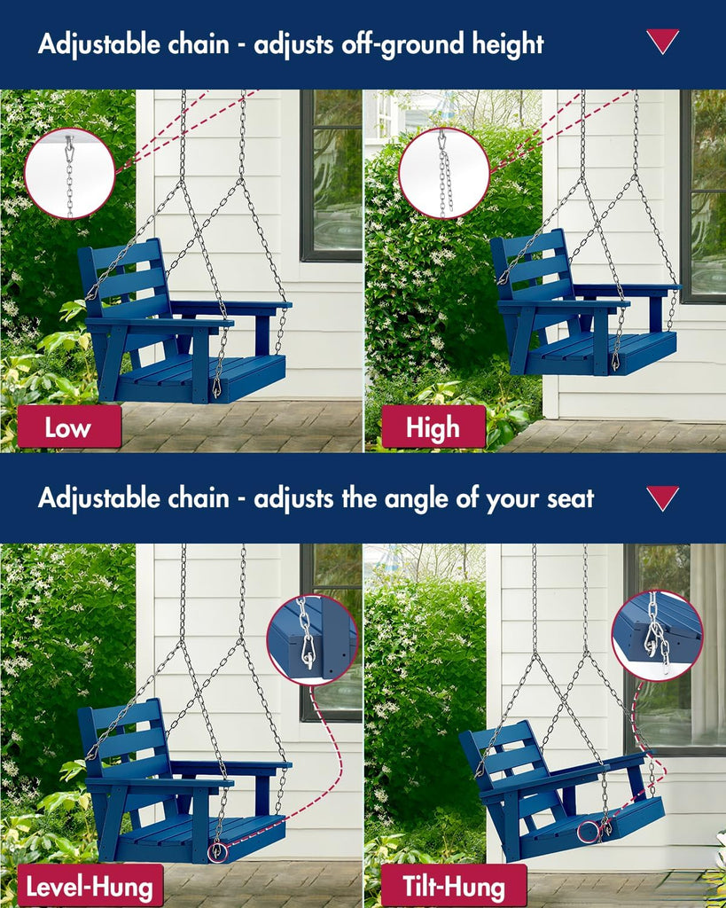 Porch Swing Bench | HDPE | 51.5" | Hanging Outdoor Swings | 2 Person | All Weather | Outside Backyard | Included 4