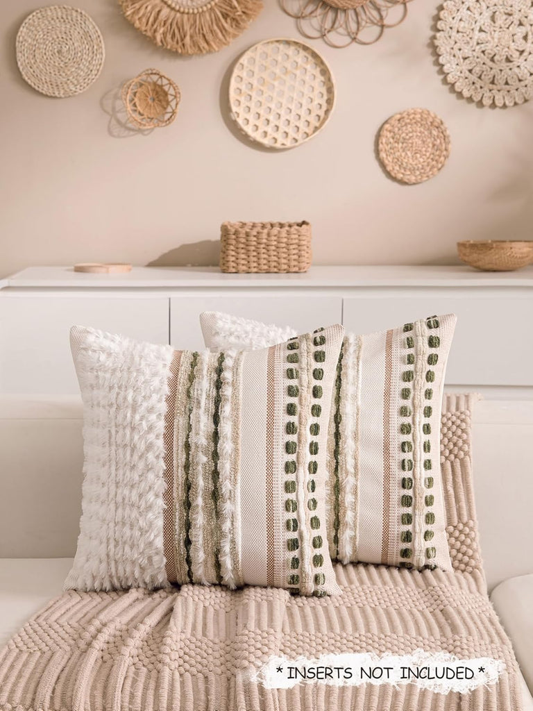 Boho Chenille Tufted Couch Throw Pillow Covers 18x18 Inch Set of 2 Farmhouse Striped Decorative Pillow Covers Accent