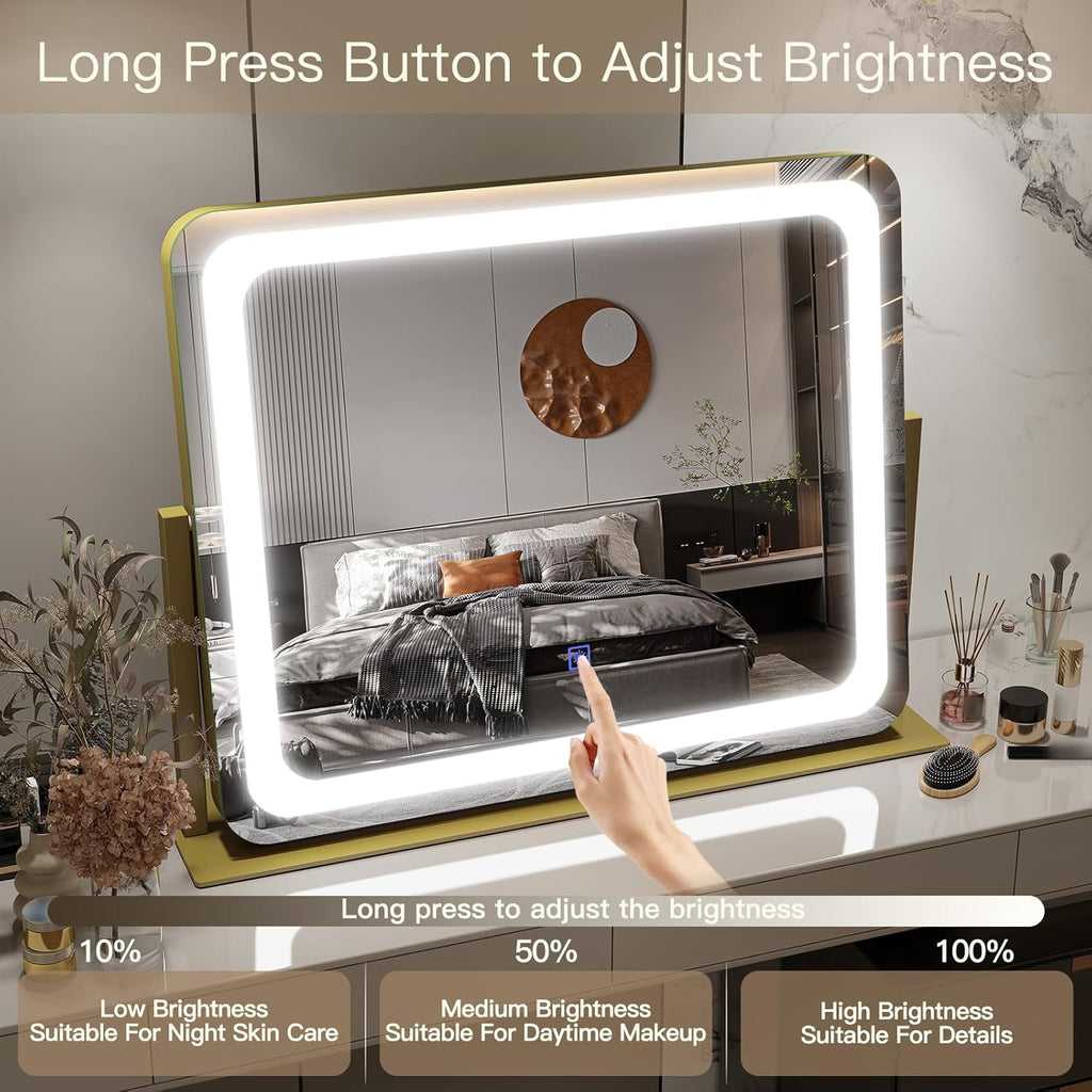 Gold Vanity Mirror with Lights 22"x19", LED Lighted Makeup Mirror, Large Makeup Mirror, Make up Mirror with Lighting