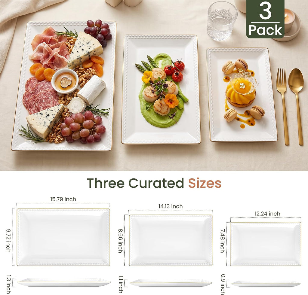 Ceramic Serving Platter Set | 16"/14"/12" Rectangular Serving Trays for Entertaining at Parties and Weddings | Oven