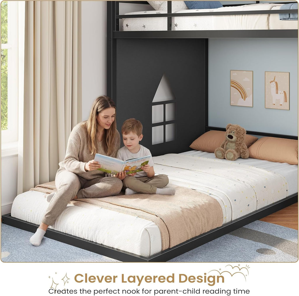 Low Bunk Bed Twin Over Twin with 9 Storage Drawers, L-Shaped Twin Bunk Beds with LED Lights & Play Area