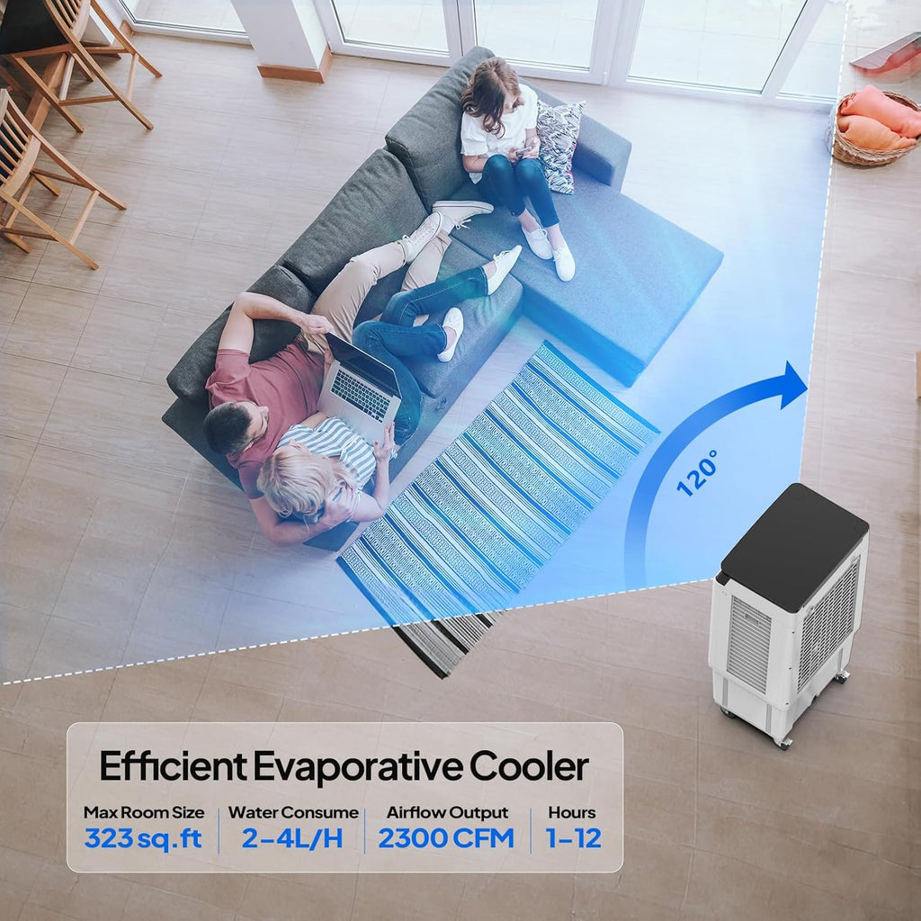 2300CFM Portable Air Cooler, 7.9Gal/30L Evaporative Swamp Cooler, 3-IN-1 Cooling Fan with Remote Control