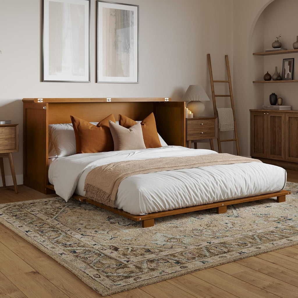Queen Murphy Bed Chest with 6-Inch Folding Mattress, Light Toffee