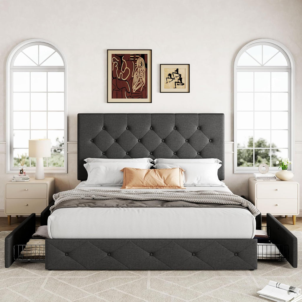 Upholstered Queen Platform Bed Frame with 4 Storage Drawers and Headboard, Diamond Stitched Button Tufted