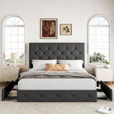 Upholstered Queen Platform Bed Frame with 4 Storage Drawers and Headboard, Diamond Stitched Button Tufted