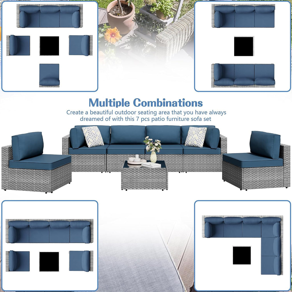 7 Pieces Outdoor Patio Furniture Sets, Patio Sectional Sofa Couch, Gray PE Wicker Furniture Modular Patio