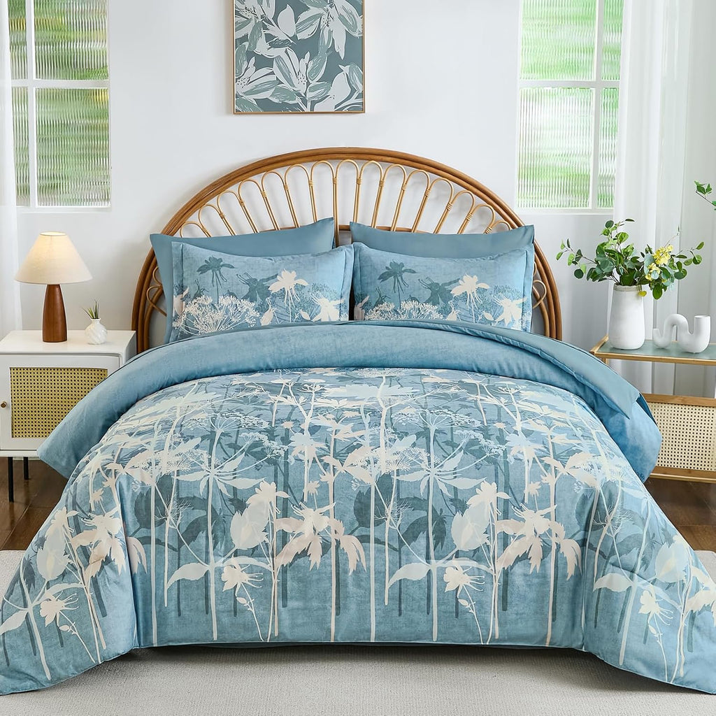 Drucon Blue Floral Comforter Set King, 7 Piece Dandelion Botanical Plant Comforter Bedding Set, Bed in a Bag King