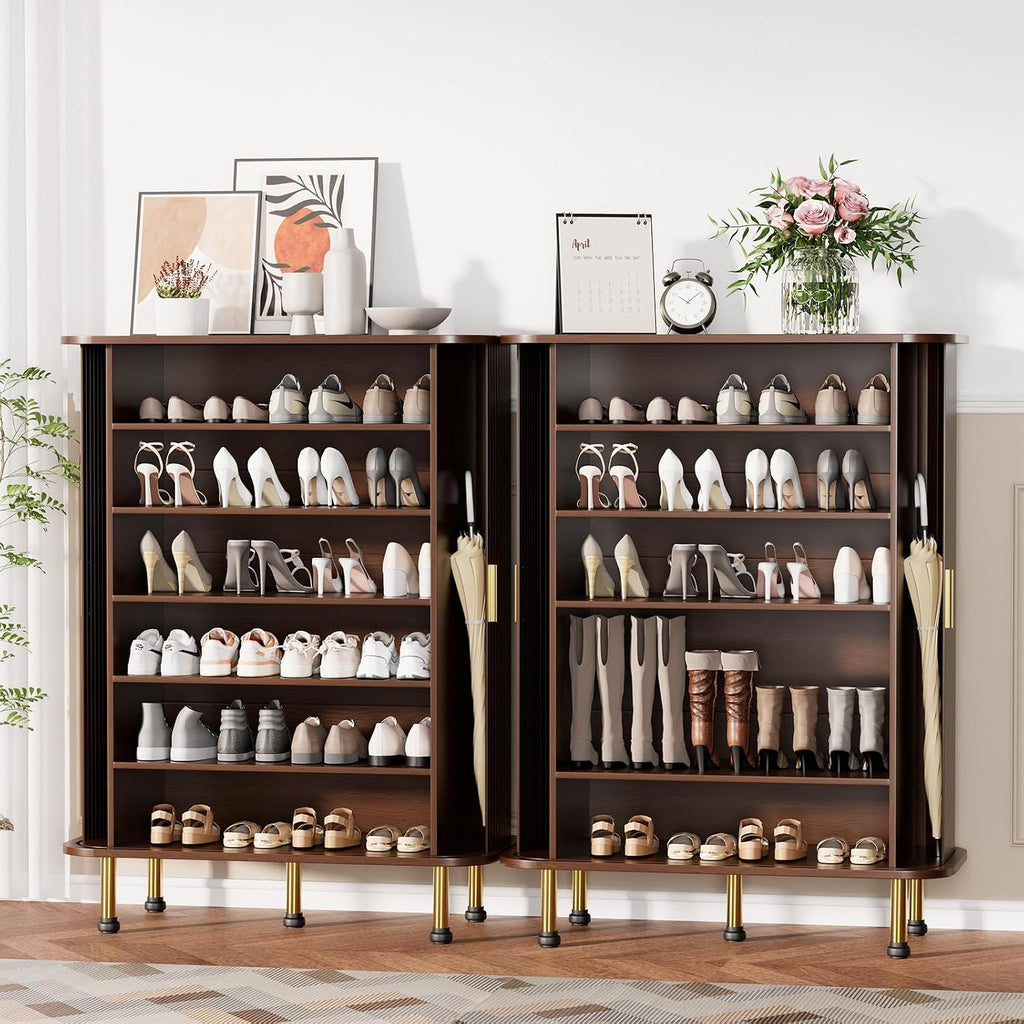 6-Tier 33'' Shoe Cabinet with Sliding Door, Wooden Shoe Storage Cabinet with Adjustable Shelves, Mid-Century Modern