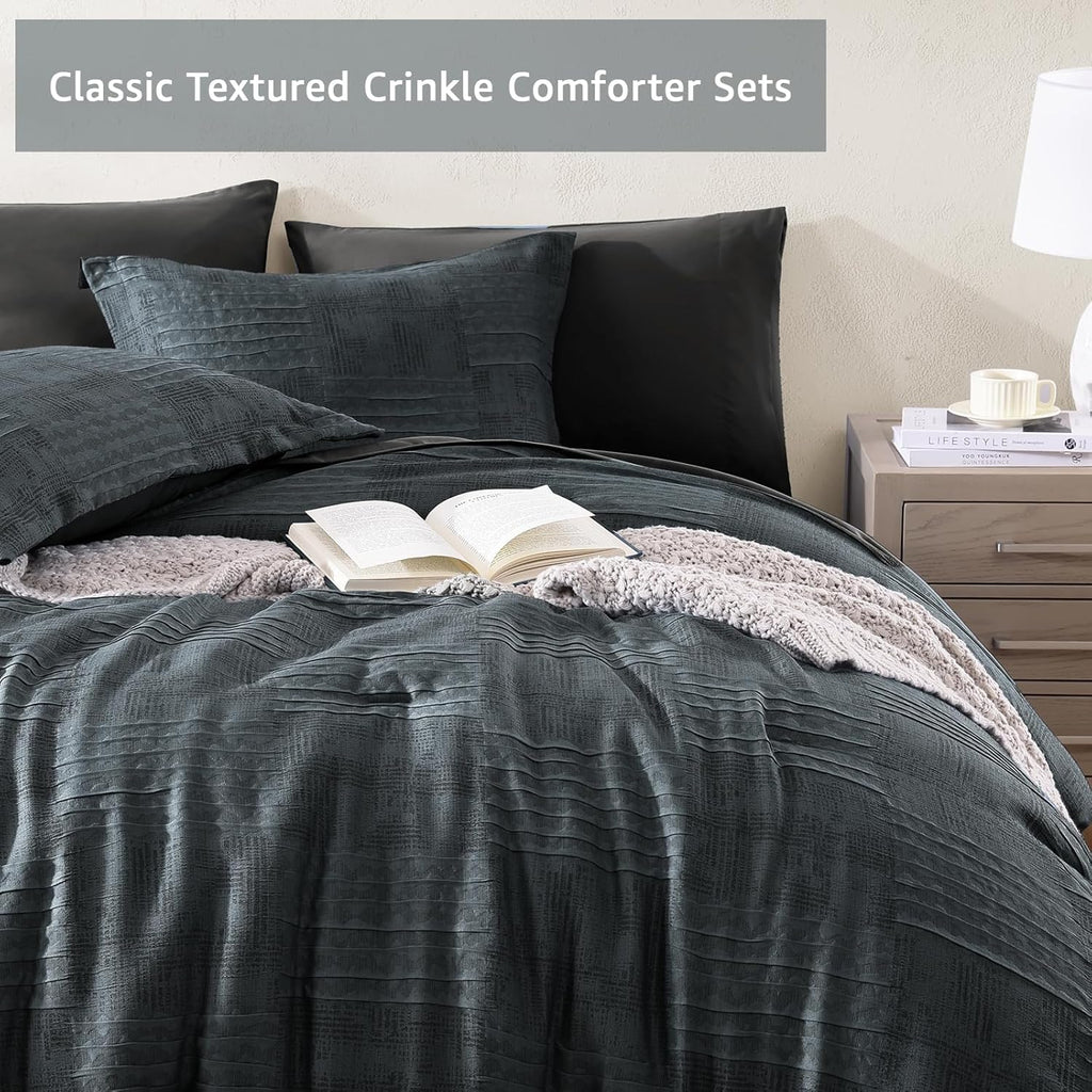Comforter Set Blue Grey, Textured Design Crinkle Bedding Sets 7 Pieces