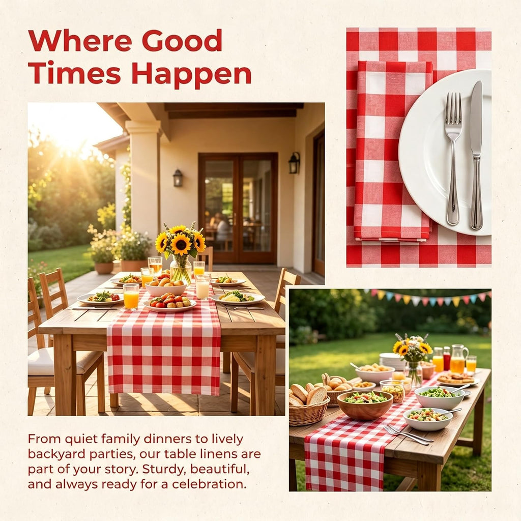 Red and White Checkered Table Runner 108 Inches Long, 4 Packs | Soft Cotton Linen, 14x108 Inch, Folded Hem, for