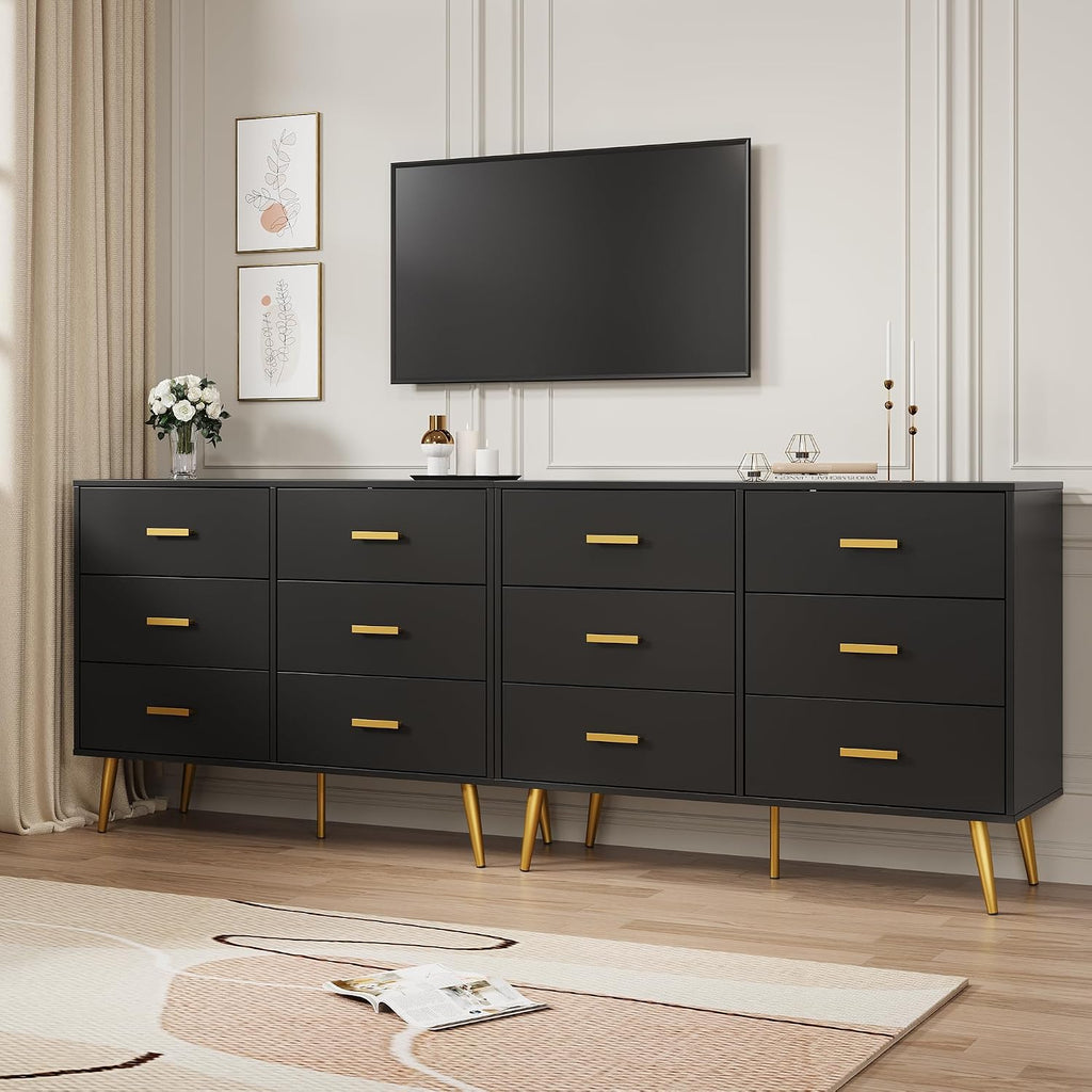 6 Drawer Dresser, Chest of Drawers with Gold Handles, Black | Wooden Modern Deep Drawers