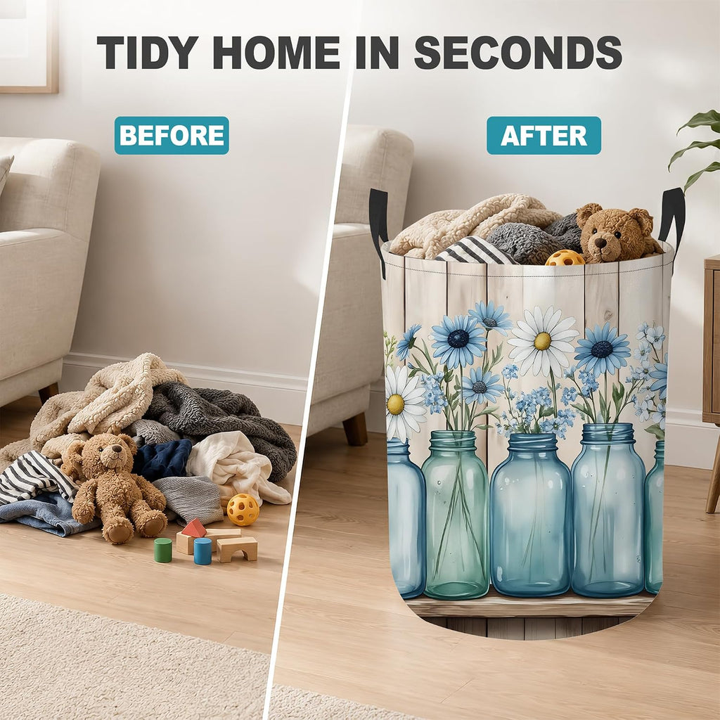Laundry Basket,Blue Mason Jars Foldable Clothes Hamper with Handles,Daisy Flowers Waterproof Oxford Cloth Storage