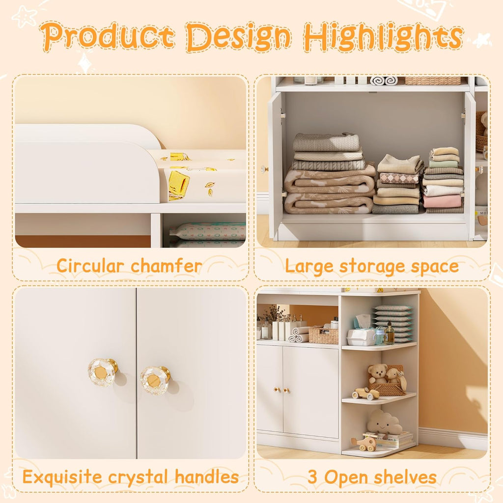 Changing Table Dresser, Baby Dresser with Changing Table Top, Diaper Changing Station with Large Cabinet, 4 Open