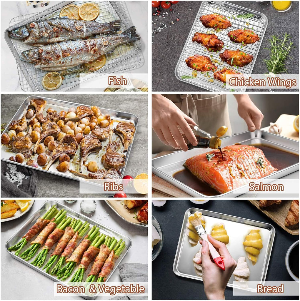 16 + 12.5 + 10.4 + 9 Inch Sheet & Rack, Pan and Grid Rack | 8 Pcs (4x Cookie Sheets + 4x Cooling Racks), 4 Sizes