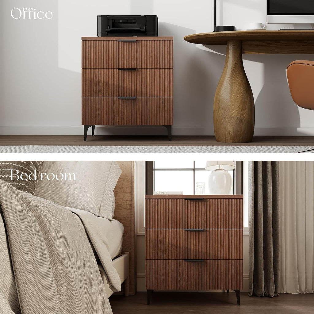 25.6"W Fluted Nightstand with 3 Drawer, Mid-century Modern Wood Night Stands Bedside Table King/Queen Bed, End Table