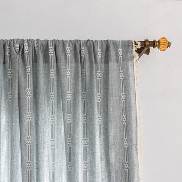 Boho Embroidery Striped Farmhouse Curtains - 84 Inch Long, 2 Panel Set, Blue Linen, Tassel, Semi-Blackout (52" W x