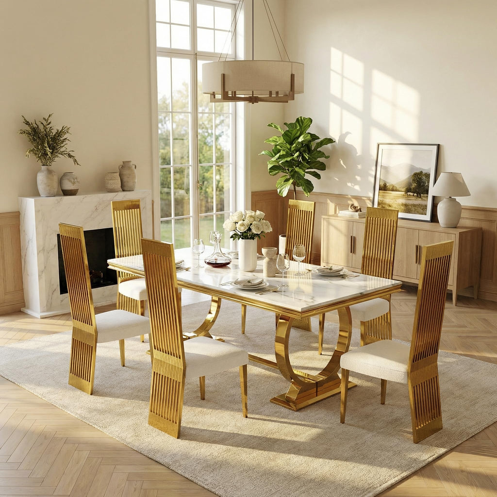 White and Gold Dining Table, Faux Marble Top, Metal Frame and U-Base