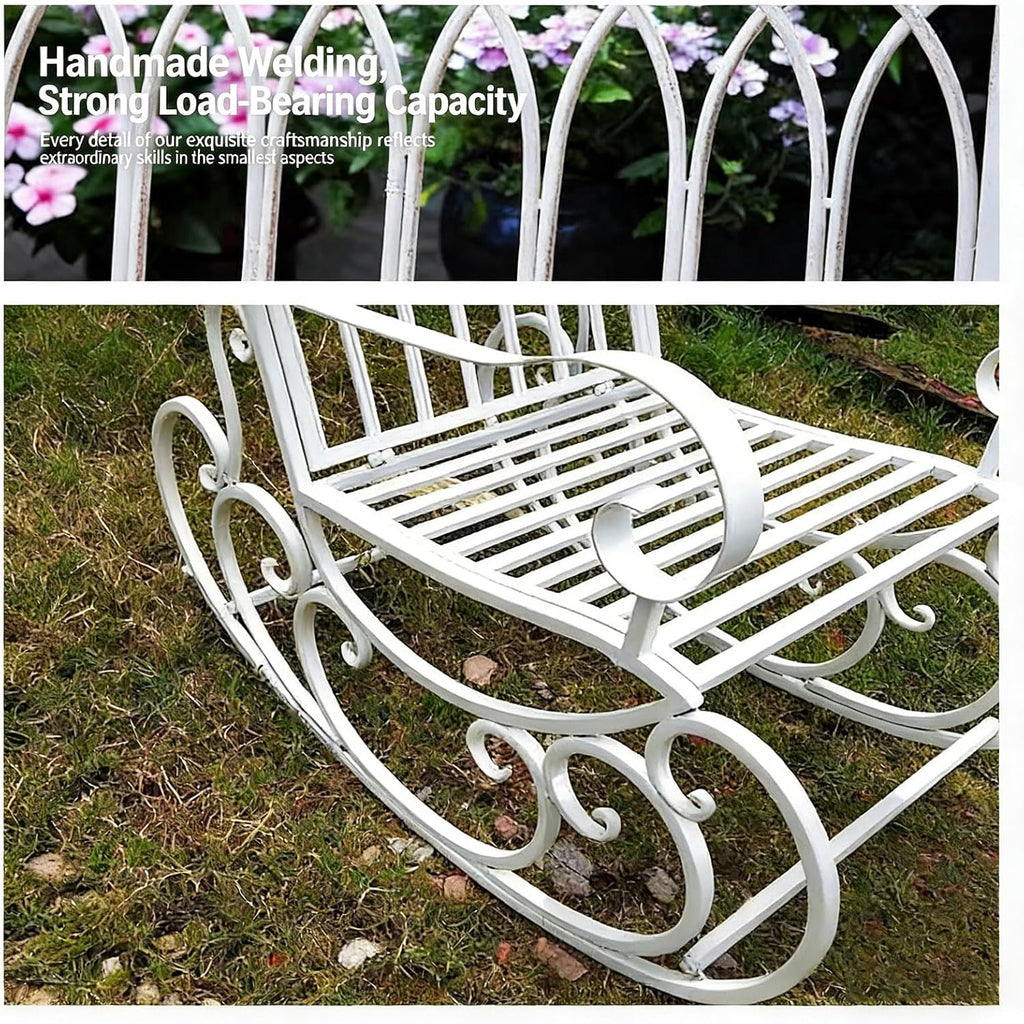 Vintage Wrought Iron Patio Rocking Chair, Ironwork Single and Double Outdoor Garden Benches, Durable Metal Porch