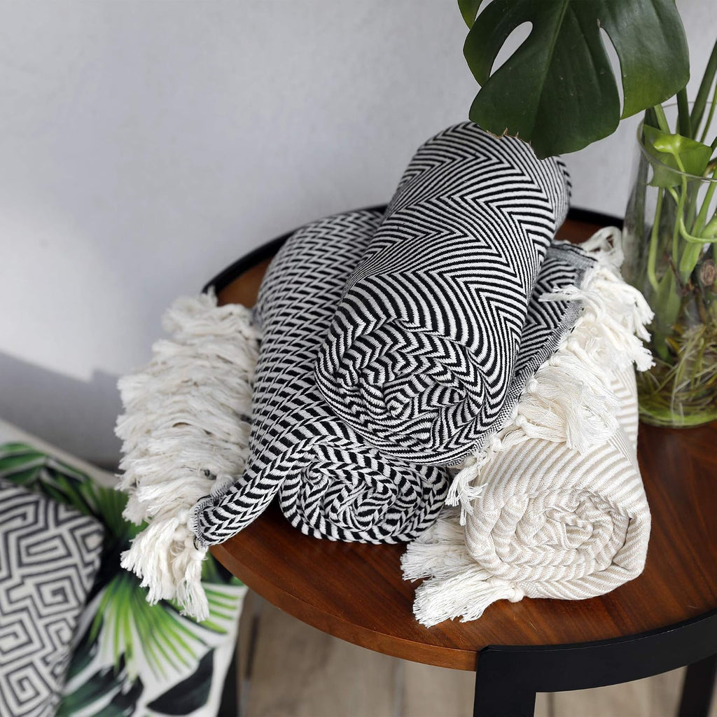 Premium Cotton Light Weight Boho Throw Blanket 50”x60” Gray Black and Off White