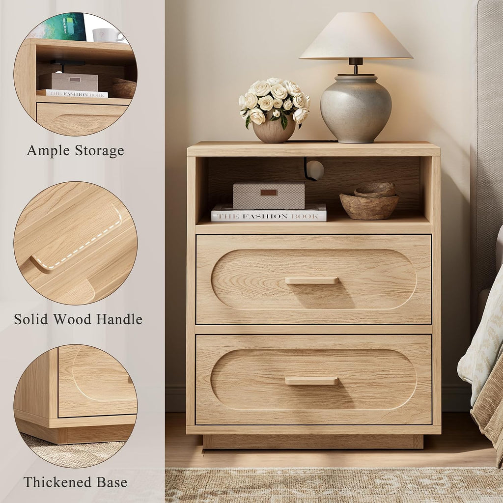 Nightstand with Charging Station, Modern End Table with 2 Drawers Storage, Space-Saving Wood Storage Cabinet with