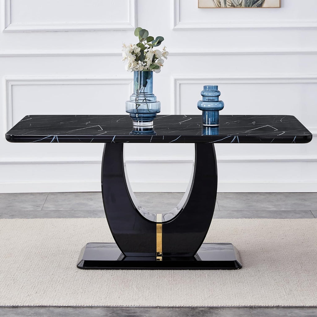 63" Black Marble-Look Dining Table for 6, Modern Rectangular Kitchen & Dining Room Table, Glossy Faux Marble Finish