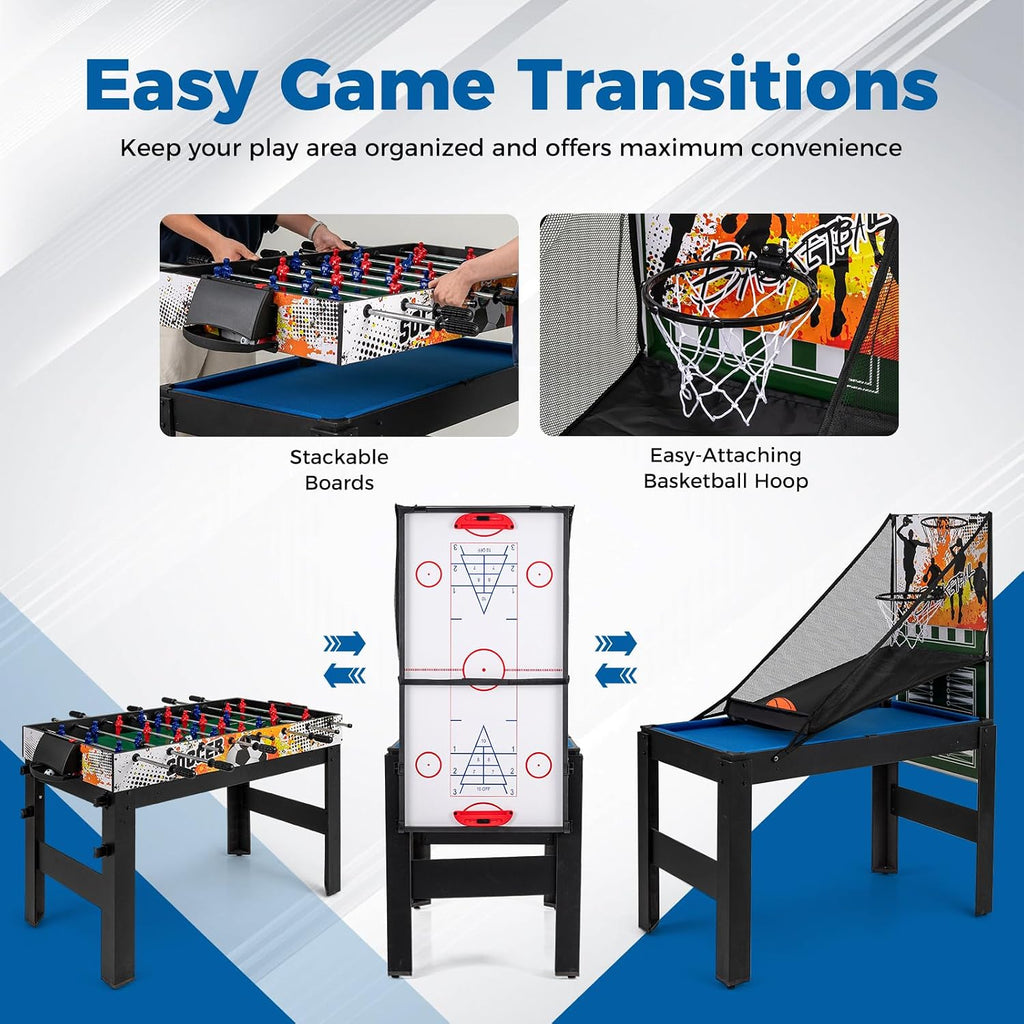 14-in-1 Multi Game Table, Combo Game Table w/Foosball, Air Hockey, Pool, Table Tennis, Basketball, Chess, Checkers