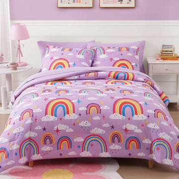 Full Comforter Set for Girls-7 Pieces Purple Rainbow Glow in the Dark Full Bedding Sets for Kids