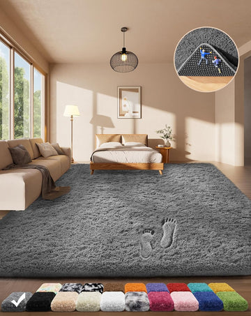 Area Rugs Bedroom, Washable Non-Slip Fluffy Soft Grey Shag Carpet, Indoor Floor Gray 4x6 Fuzzy Shaggy Living Room