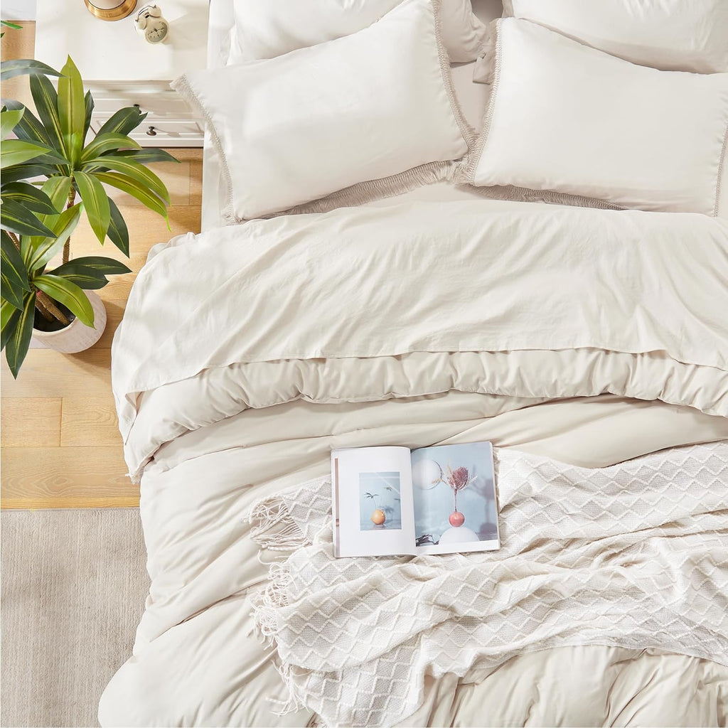 Queen Comforter Set, 7 Pieces Beige Bedding - Set of 7