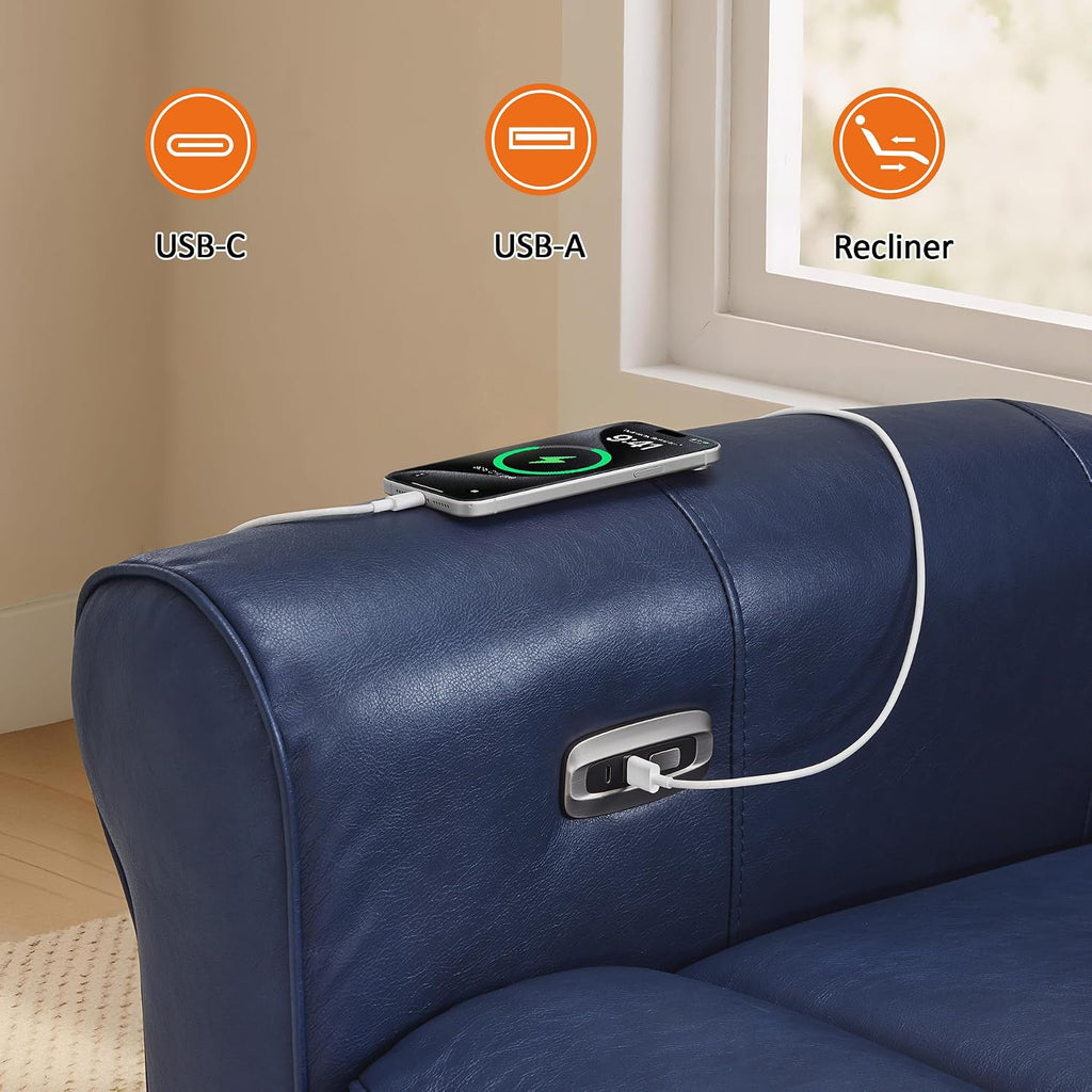 Power Wall Hugger Recliner Chair RV Living Room, USB & USB-C Charging Ports, Modern Rolled Arm Recliner, Faux Leather