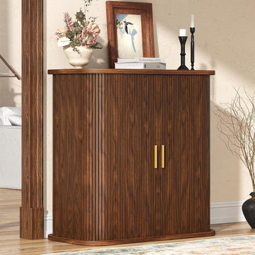 5-Tier Sliding Door Shoe Cabinet, Adjustable Shelves Wooden Shoe Storage with Gold Handle, Mid-Century Modern