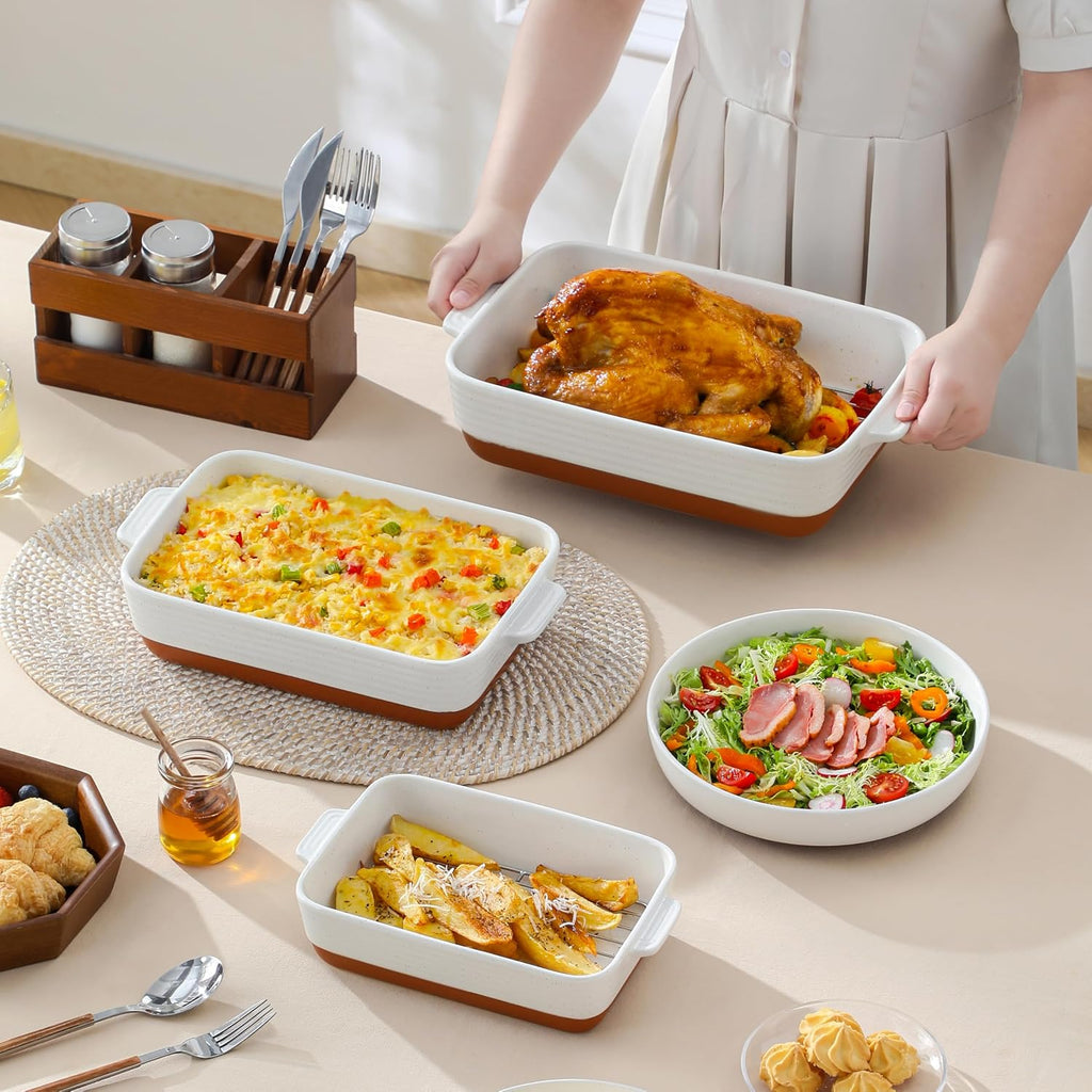 Casserole Dishes for Oven with Roasting Racks, Ceramic Dishes Set of 3, Pan Casserole Dish Set, Rectangular Lasagna