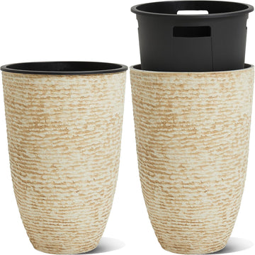 21" H Beige Tall Planters set of 2 with Inside Pots - 14'' Dia Large Round Plant Tree Pots with Drain Hole