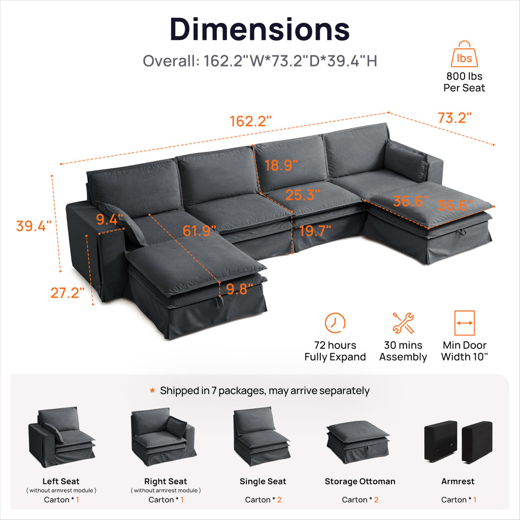 162" Washable Oversized Modular Sectional Sofa Couches, Grey