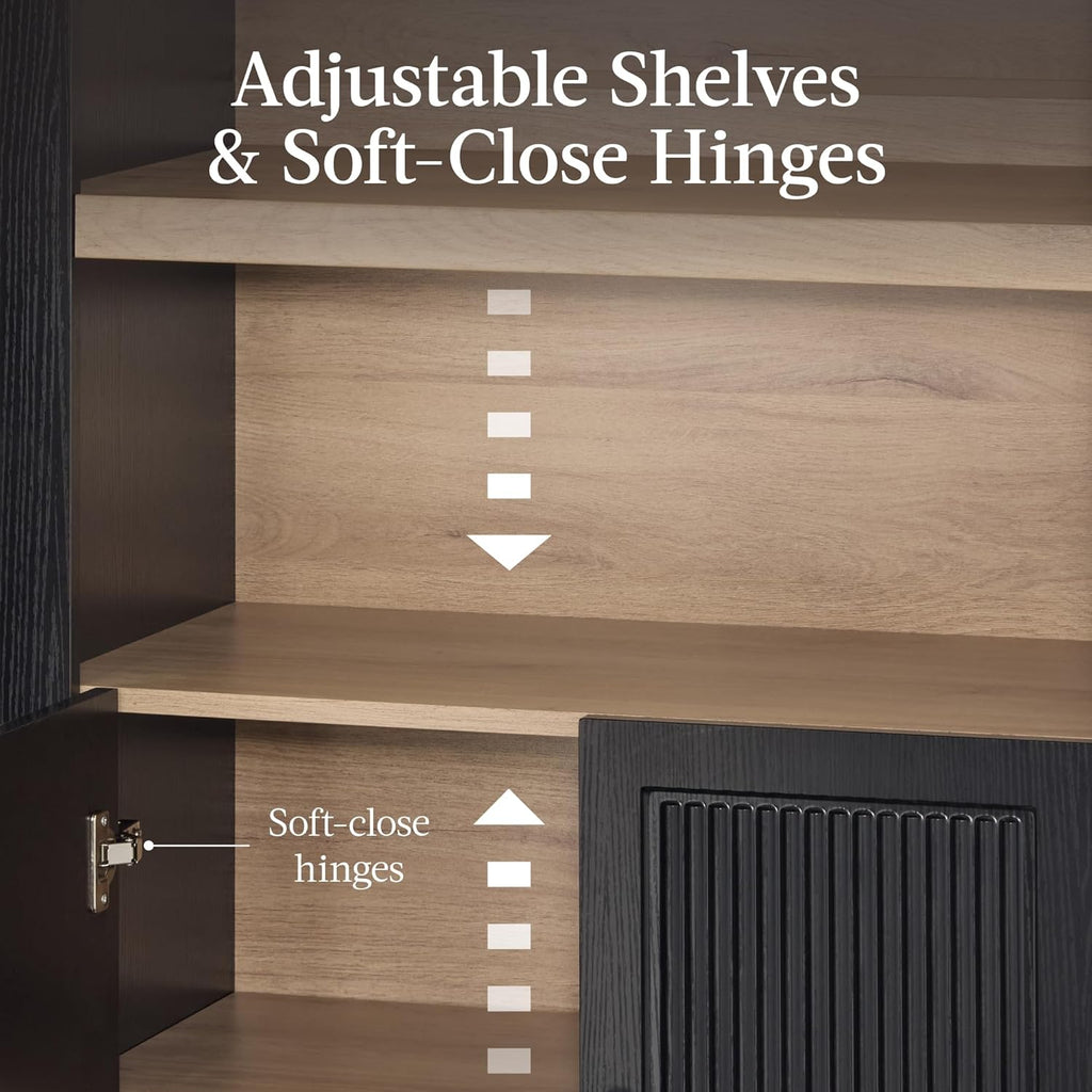 72" Tall Arched Pantry Cabinet w/Reeded Doors, 5-Tier Bookshelf, Armoire, Hutch, Bookcase