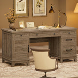 Farmhouse Executive Desk with File Drawers, 60 in Home Office Desk with Charging Station
