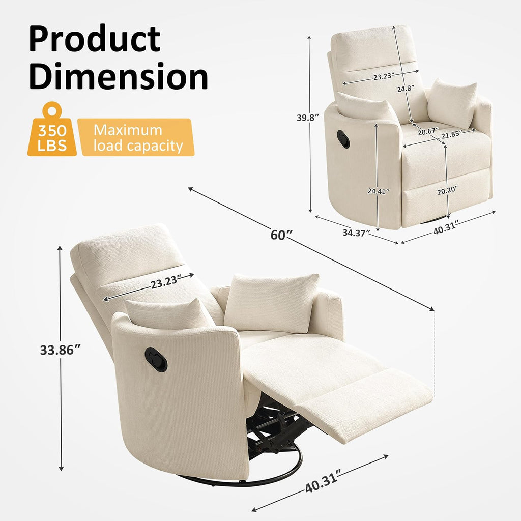 Oversized Nursery Rocking Chair, 360° Swivel Glider Recliner Chair, Chenille Silent Nursery Chair with 2 Pillows and