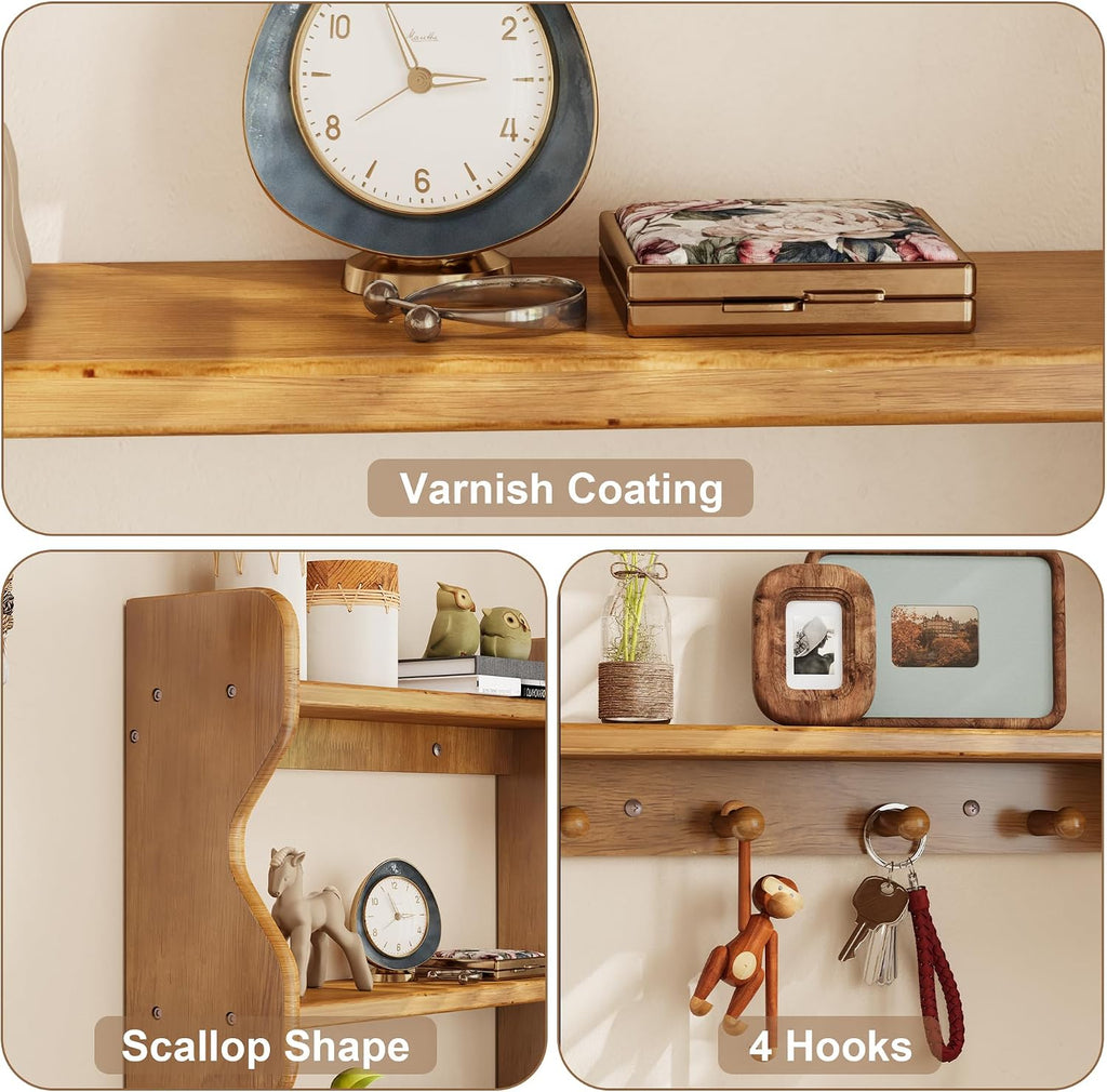 3 Tier Wooden Floating Wall Shelves with Hooks, Rustic Farmhouse Wall Mounted Storage Shelf, Decorative Curved Side