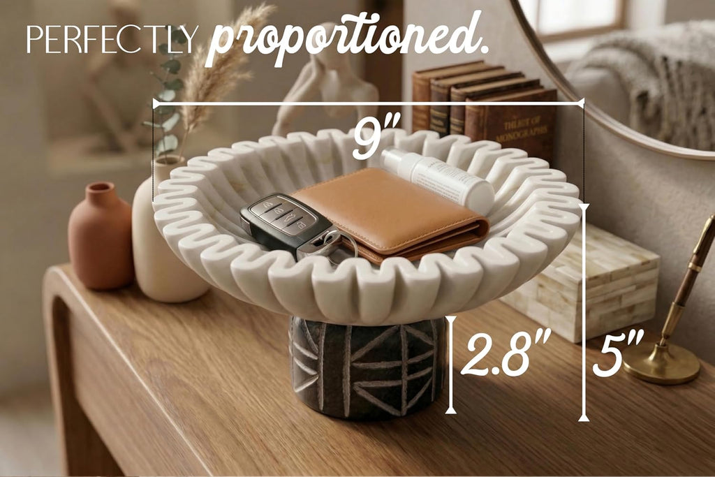 Marble Decorative Bowl Decor - 100% Natural Stone | Handcrafted | Pedestal Marble Bowl - Versatile 9" Catch All