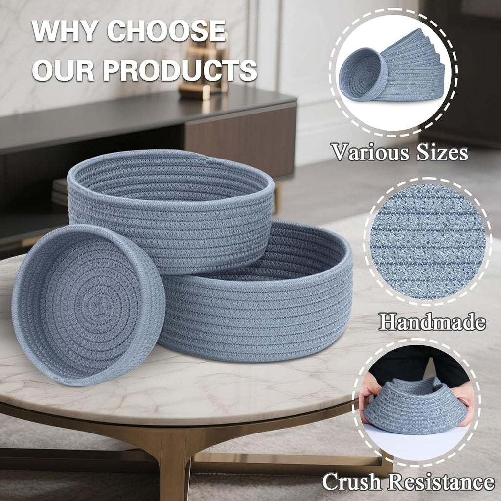 Small Shelf Storage Baskets for Organizing, 6 Pack Round Cotton Rope Bins, Decorative and Cute Woven Baskets and