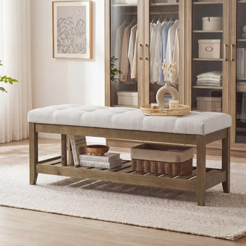Entryway Storage Bench with Solid Wood Frame, Console Table with Storage, Sofa Table, Ottoman with Tufted Cushion