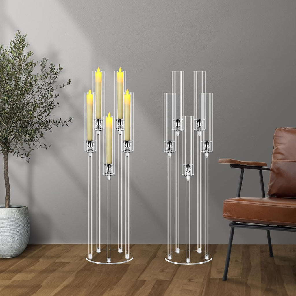4Pcs 5 Arms Acrylic Candelabra Centerpieces for Tables Decortion,Clear Candle Holder,35 inches Tall Candlesticks